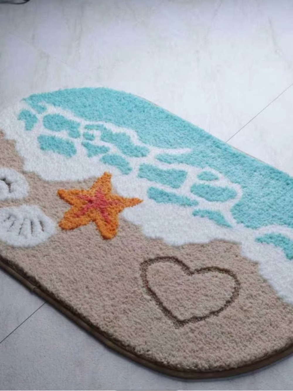 Beach Bath Mat with Turquoise, Orange & Cream Design